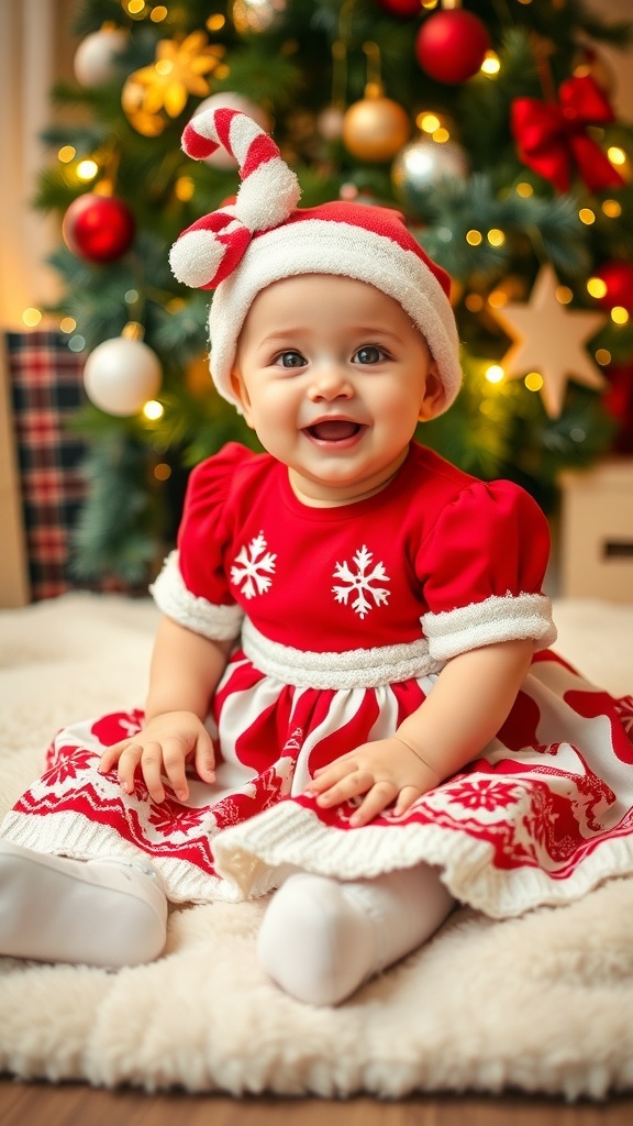 Baby girl in a red and white Christmas dress, smiling on a blanket with Christmas decorations.